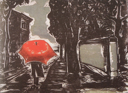 Gravura de pessoa com guarda-chuva andando na rua